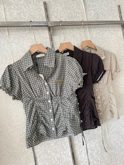 Checker Collar Down Fitted Tops